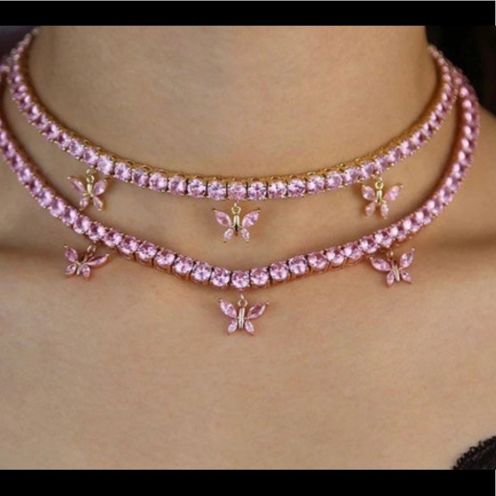 PINK butterfly tennis choker , cz tennis butterfly necklace , bling iced… - Picture 2 of 6